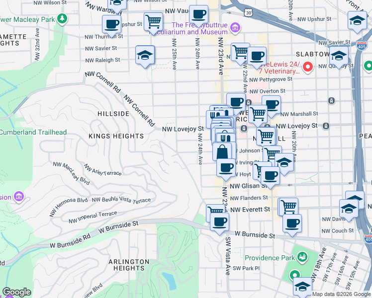 map of restaurants, bars, coffee shops, grocery stores, and more near 2455 Northwest Johnson Street in Portland