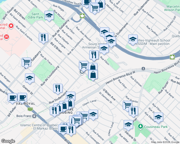 map of restaurants, bars, coffee shops, grocery stores, and more near 11700 Rue Lavigne in Montréal