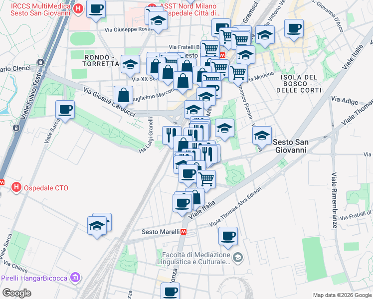 map of restaurants, bars, coffee shops, grocery stores, and more near 37 Via Renzo del Riccio in Sesto San Giovanni