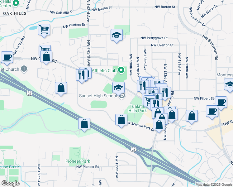 map of restaurants, bars, coffee shops, grocery stores, and more near 13840 Northwest Cornell Road in Portland