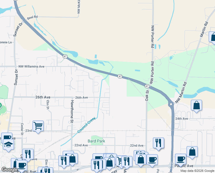 map of restaurants, bars, coffee shops, grocery stores, and more near 2708 Kingwood Street in Forest Grove