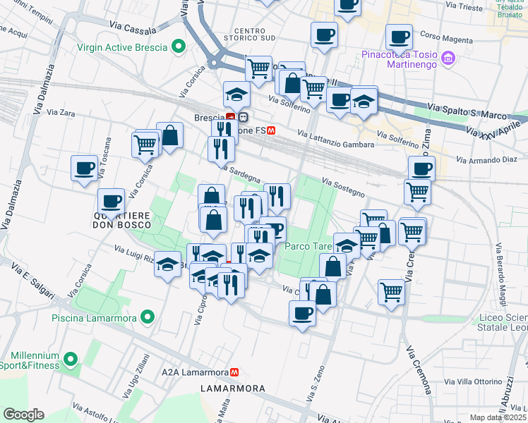 map of restaurants, bars, coffee shops, grocery stores, and more near 76 Via Creta in Brescia