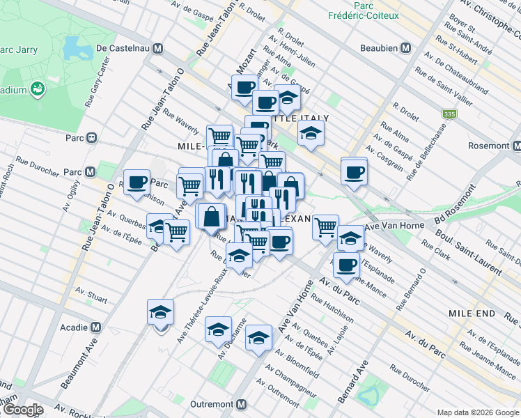 map of restaurants, bars, coffee shops, grocery stores, and more near 6585 Rue Jeanne-Mance in Montréal