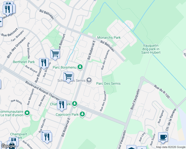 map of restaurants, bars, coffee shops, grocery stores, and more near 3324 Rue des Stellaires in Longueuil