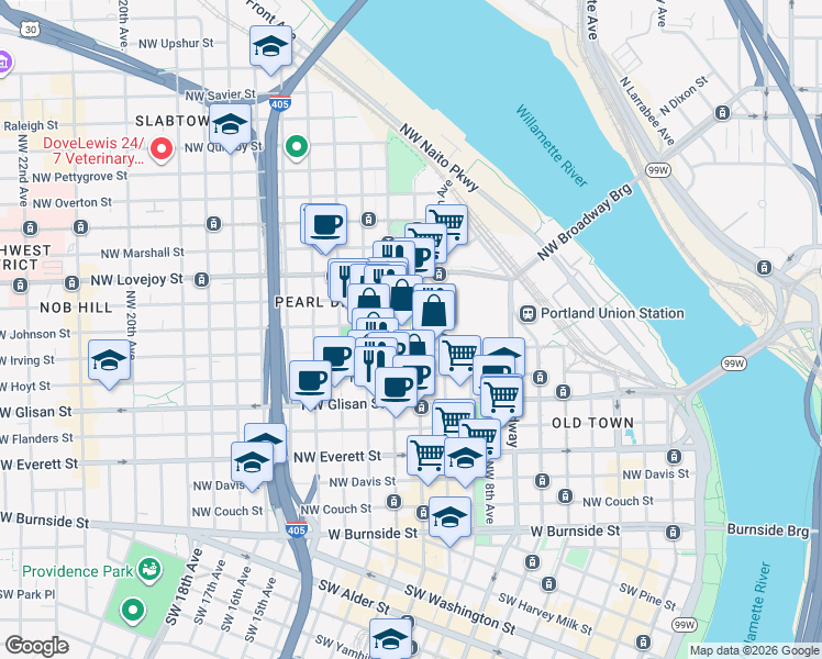 map of restaurants, bars, coffee shops, grocery stores, and more near 1030 Northwest Johnson Street in Portland