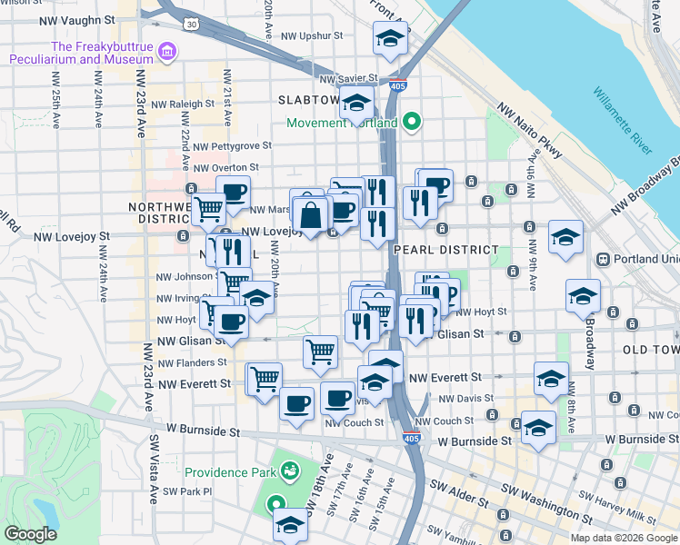 map of restaurants, bars, coffee shops, grocery stores, and more near NW Johnson St & NW 18th Ave in Portland