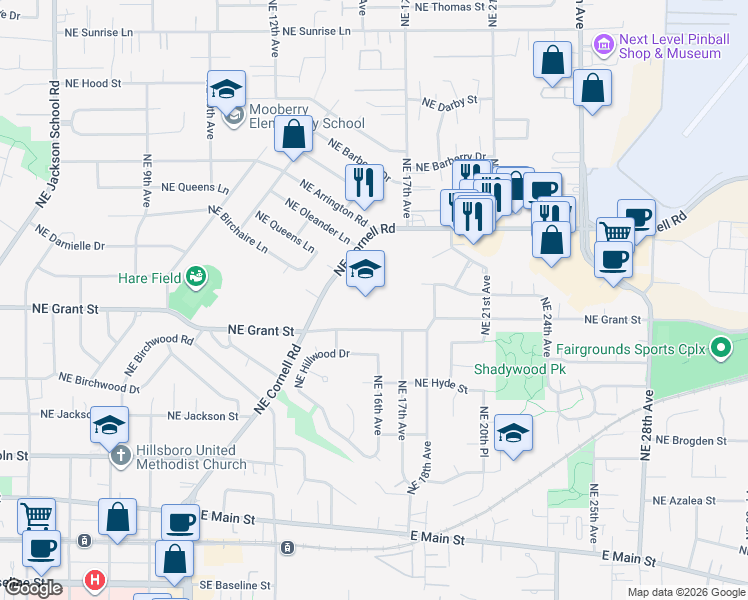 map of restaurants, bars, coffee shops, grocery stores, and more near 1535 Northeast Grant Street in Hillsboro