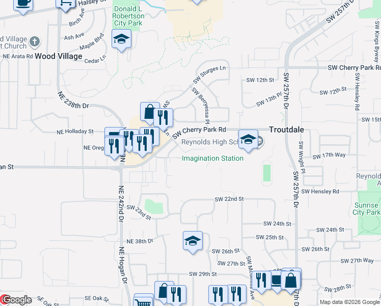 map of restaurants, bars, coffee shops, grocery stores, and more near 2016 Southwest Cerise Way in Troutdale