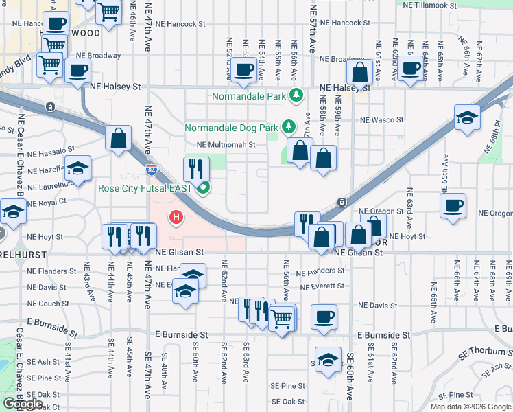 map of restaurants, bars, coffee shops, grocery stores, and more near 5321 Northeast Irving Street in Portland