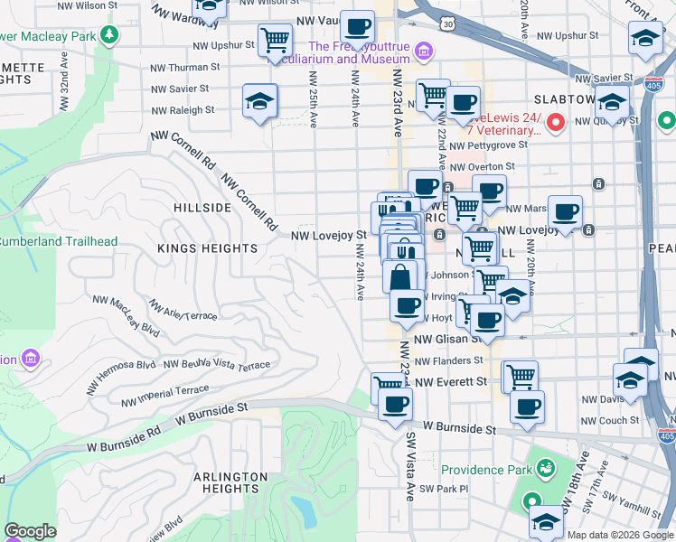 map of restaurants, bars, coffee shops, grocery stores, and more near 2430 Northwest Westover Road in Portland