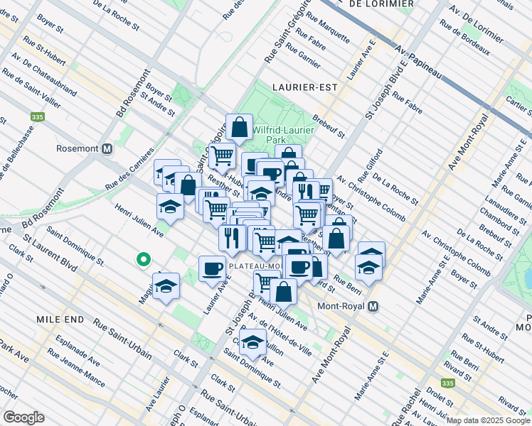 map of restaurants, bars, coffee shops, grocery stores, and more near Rue Resther in Montréal