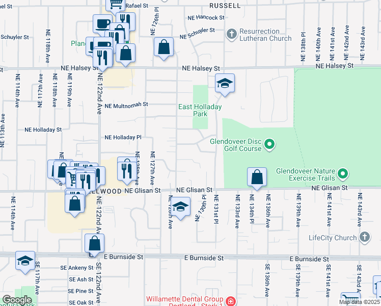 map of restaurants, bars, coffee shops, grocery stores, and more near 12923 Northeast Oregon Street in Portland