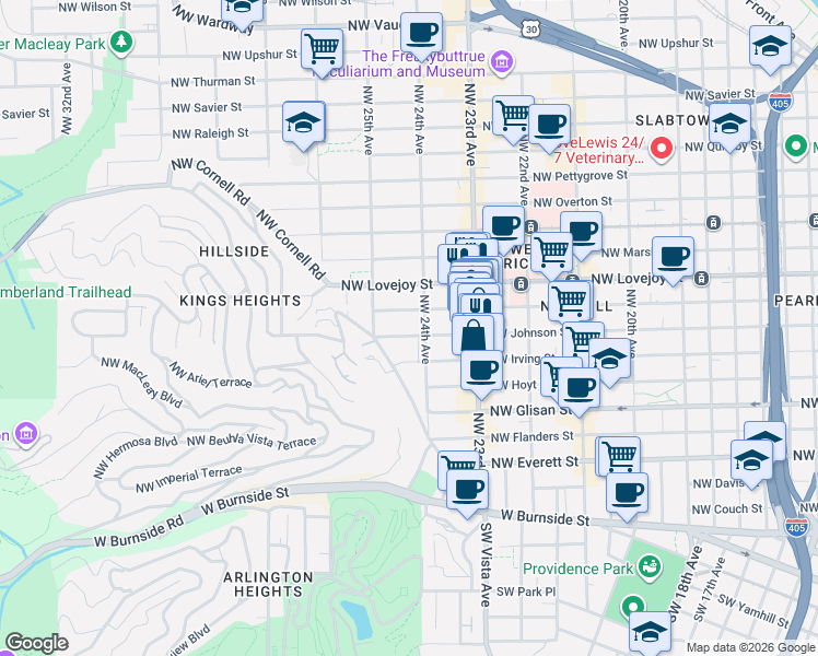 map of restaurants, bars, coffee shops, grocery stores, and more near 2425 Northwest Johnson Street in Portland