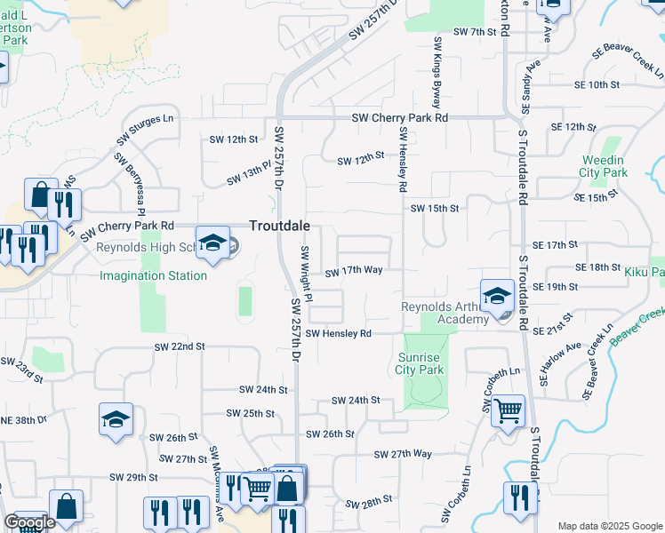 map of restaurants, bars, coffee shops, grocery stores, and more near 951 Southwest 18th Way in Troutdale