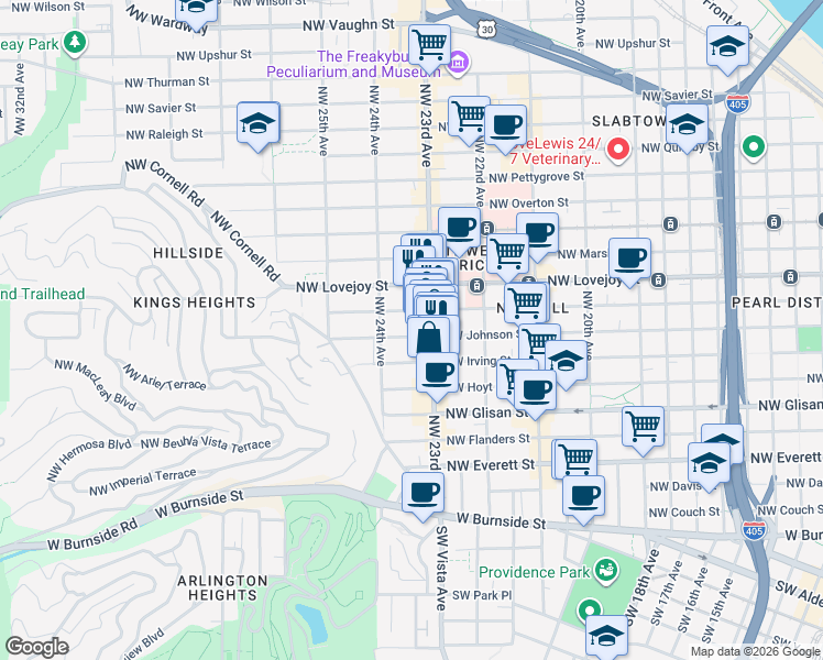 map of restaurants, bars, coffee shops, grocery stores, and more near 2365 Northwest Irving Street in Portland