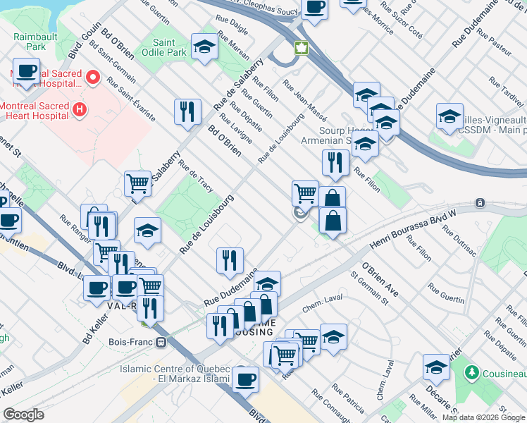 map of restaurants, bars, coffee shops, grocery stores, and more near 11795 Rue Saint-Évariste in Montréal