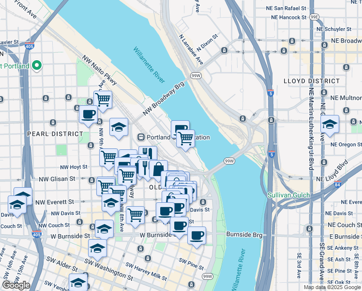 map of restaurants, bars, coffee shops, grocery stores, and more near in Portland