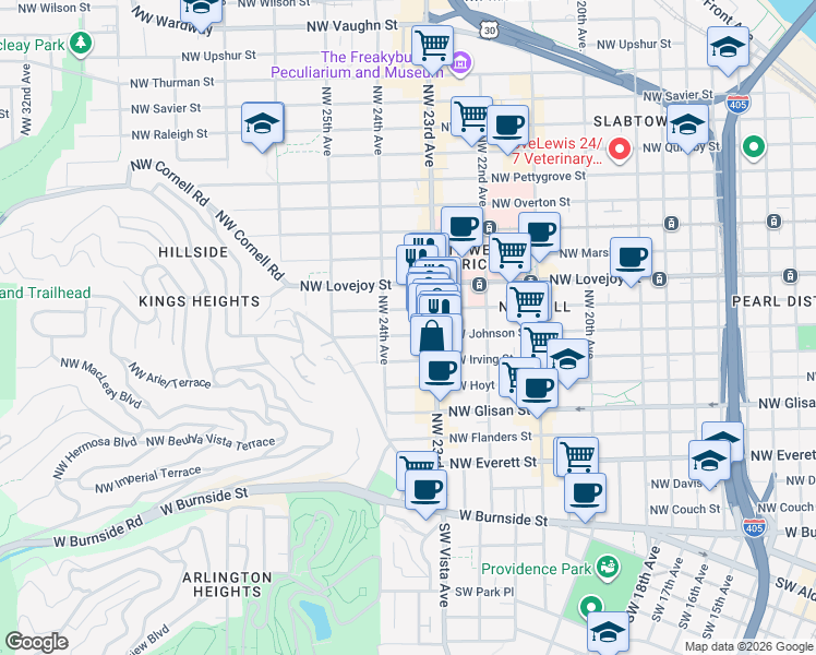 map of restaurants, bars, coffee shops, grocery stores, and more near 2365 Northwest Irving Street in Portland