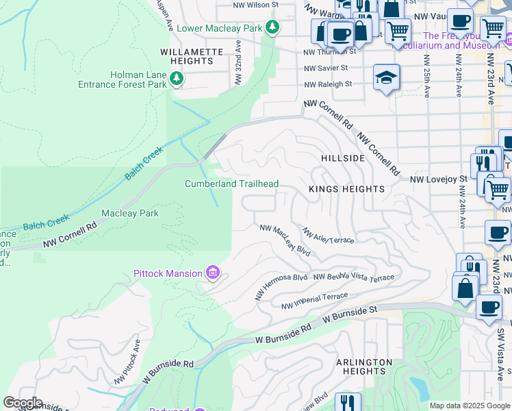 map of restaurants, bars, coffee shops, grocery stores, and more near 737 Northwest Powhatan Terrace in Portland