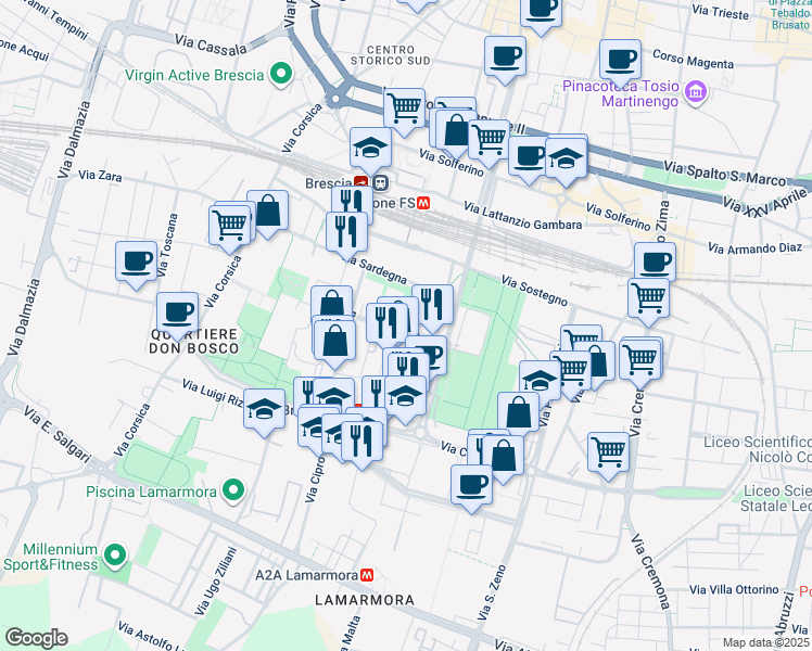 map of restaurants, bars, coffee shops, grocery stores, and more near 76 Via Creta in Brescia