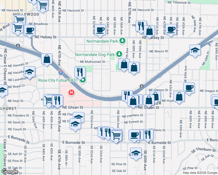 map of restaurants, bars, coffee shops, grocery stores, and more near 725 Northeast 55th Avenue in Portland