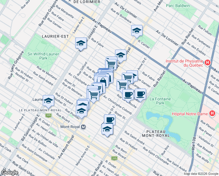 map of restaurants, bars, coffee shops, grocery stores, and more near 4473 Rue de la Roche in Montréal