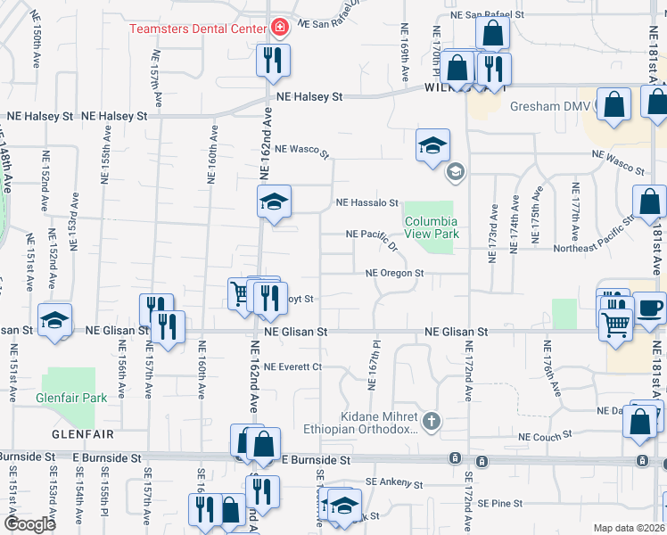 map of restaurants, bars, coffee shops, grocery stores, and more near 16523 Northeast Oregon Street in Portland