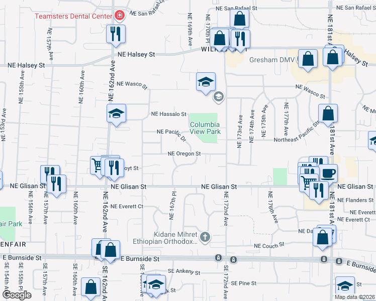map of restaurants, bars, coffee shops, grocery stores, and more near 16801 Northeast Hoyt Street in Portland