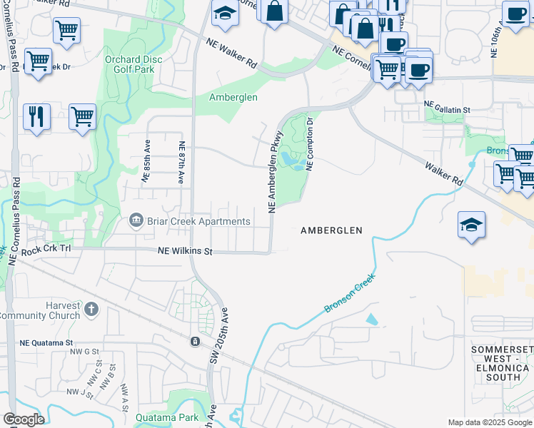 map of restaurants, bars, coffee shops, grocery stores, and more near 1145 Northeast Amberglen Parkway in Hillsboro