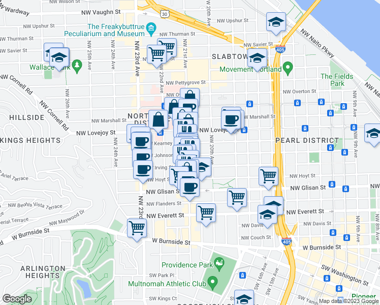 map of restaurants, bars, coffee shops, grocery stores, and more near 710-712 Northwest 21st Avenue in Portland