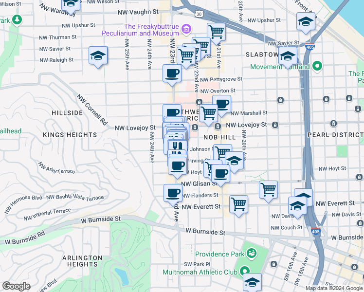 map of restaurants, bars, coffee shops, grocery stores, and more near 2265 Northwest Johnson Street in Portland