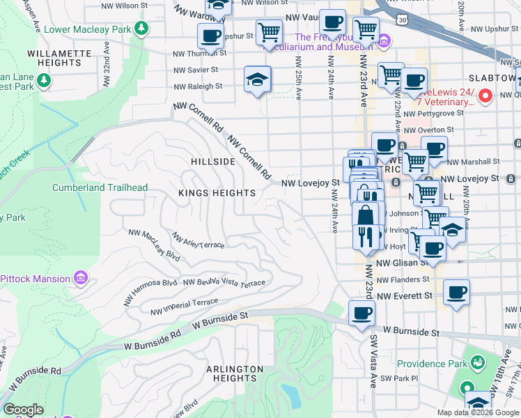 map of restaurants, bars, coffee shops, grocery stores, and more near 2590 Northwest Westover Road in Portland
