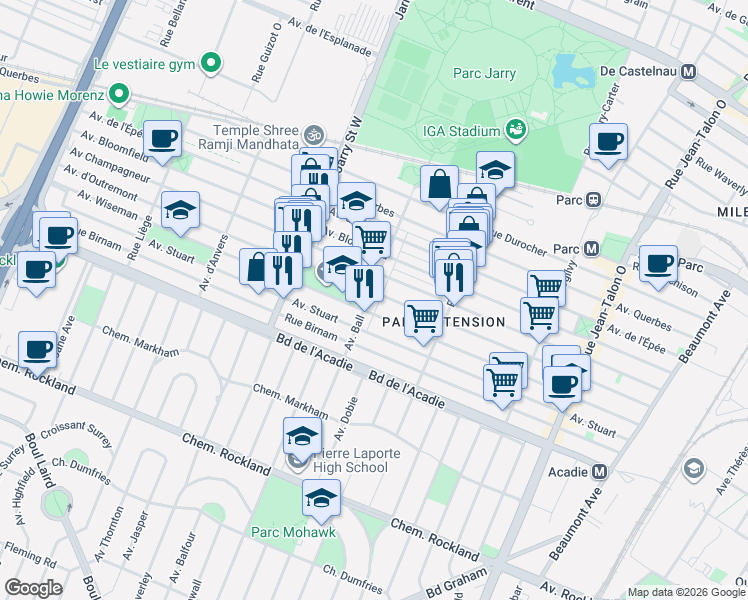 map of restaurants, bars, coffee shops, grocery stores, and more near 844 Avenue Ball in Montréal