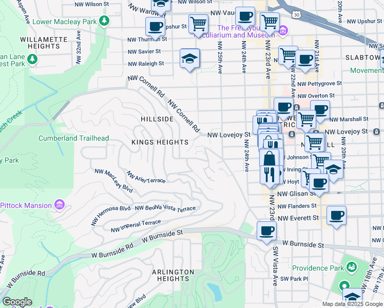 map of restaurants, bars, coffee shops, grocery stores, and more near 2611 Northwest Westover Road in Portland