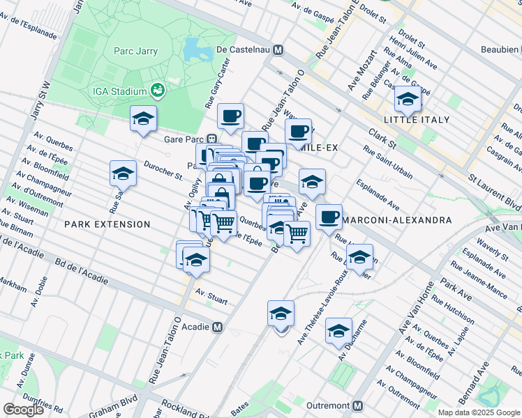 map of restaurants, bars, coffee shops, grocery stores, and more near 7017 Durocher Street in Montreal