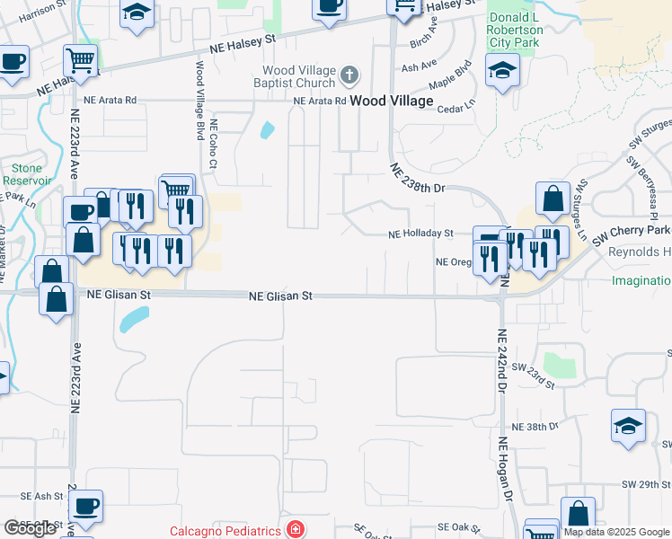 map of restaurants, bars, coffee shops, grocery stores, and more near 23515 Northeast Glisan Street in Wood Village