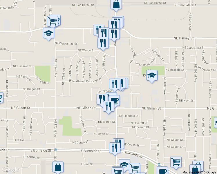 map of restaurants, bars, coffee shops, grocery stores, and more near 17954 Northeast Oregon Street in Portland