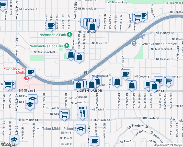 map of restaurants, bars, coffee shops, grocery stores, and more near 5800 Northeast Center Commons Way in Portland