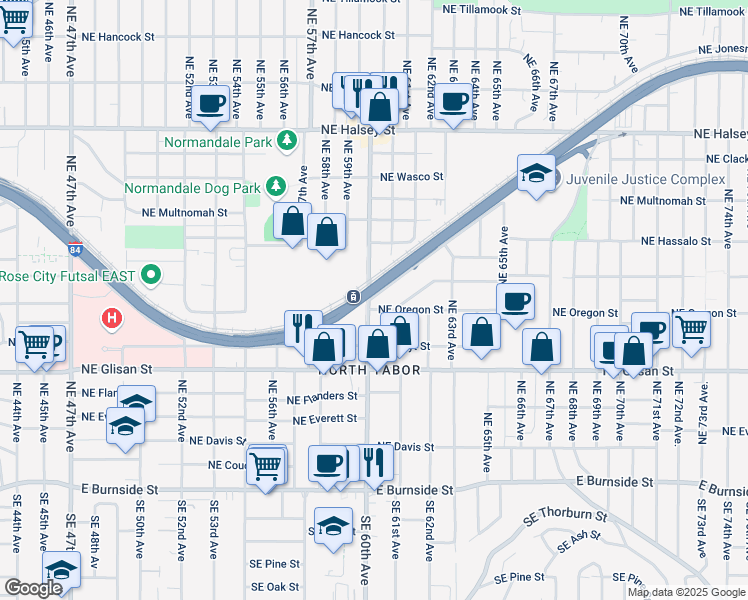 map of restaurants, bars, coffee shops, grocery stores, and more near 5800 Northeast Center Commons Way in Portland