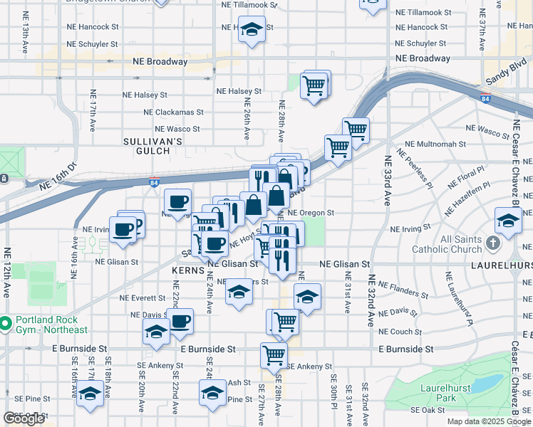 map of restaurants, bars, coffee shops, grocery stores, and more near 711 Northeast Randall Avenue in Portland
