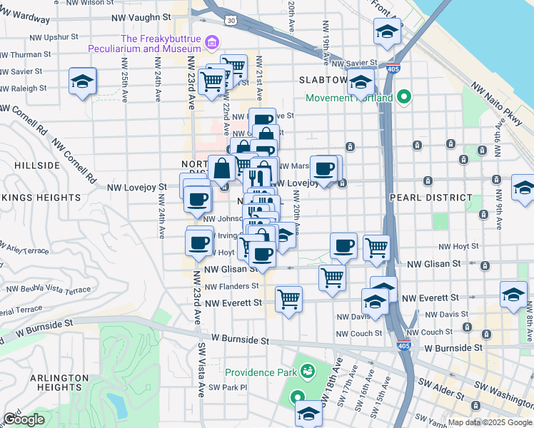 map of restaurants, bars, coffee shops, grocery stores, and more near 710-712 Northwest 21st Avenue in Portland