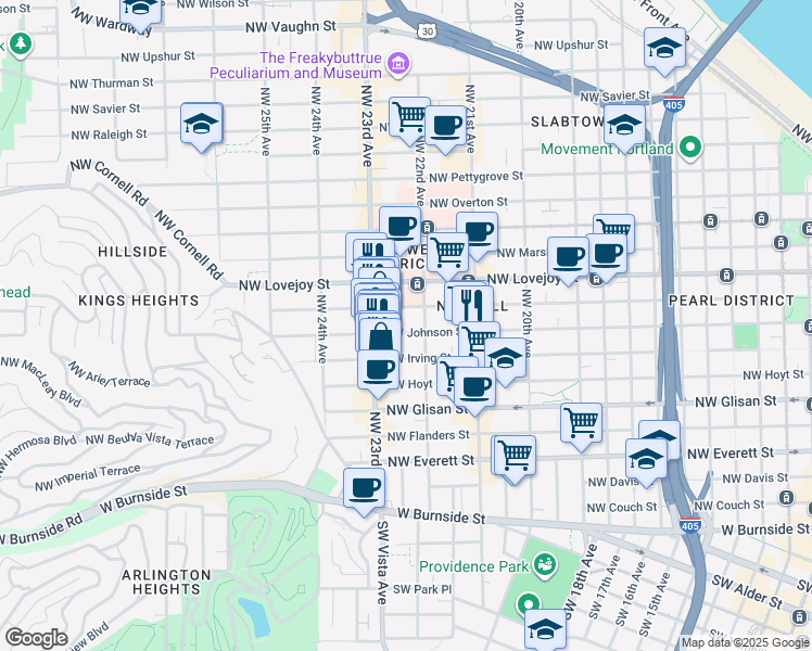 map of restaurants, bars, coffee shops, grocery stores, and more near 723 Northwest 22nd Avenue in Portland