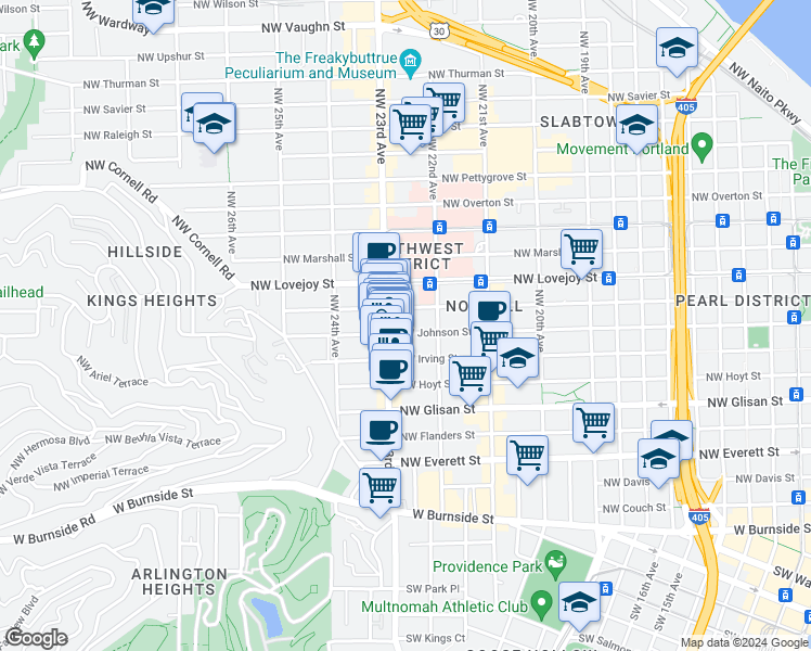 map of restaurants, bars, coffee shops, grocery stores, and more near 817 Northwest 23rd Avenue in Portland