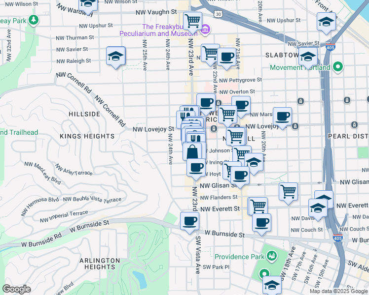 map of restaurants, bars, coffee shops, grocery stores, and more near 2365 Northwest Irving Street in Portland
