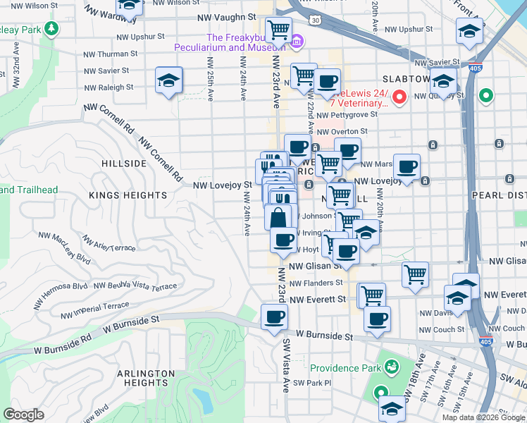 map of restaurants, bars, coffee shops, grocery stores, and more near 2365 Northwest Irving Street in Portland
