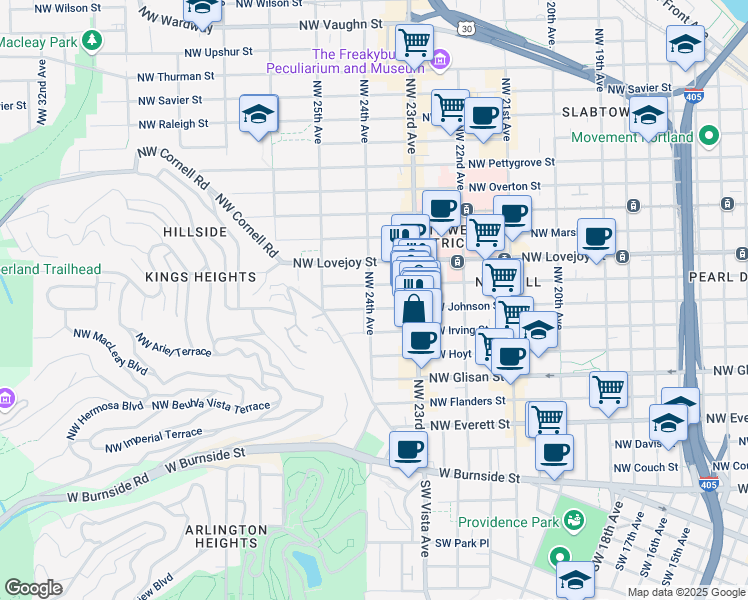 map of restaurants, bars, coffee shops, grocery stores, and more near 2365 Northwest Irving Street in Portland