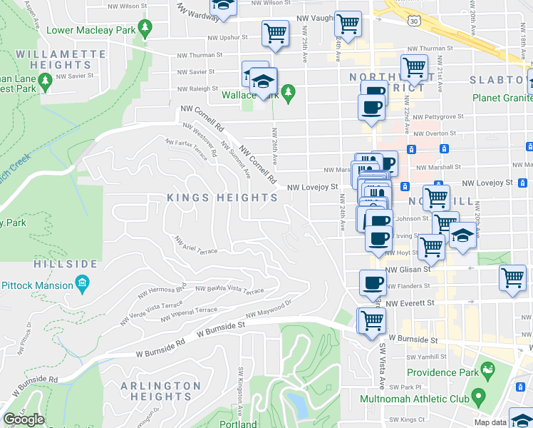 map of restaurants, bars, coffee shops, grocery stores, and more near 2590 Northwest Westover Road in Portland