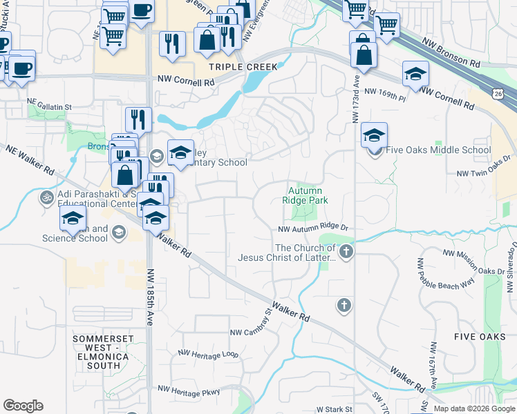 map of restaurants, bars, coffee shops, grocery stores, and more near 1145 Northwest 178th Avenue in Beaverton