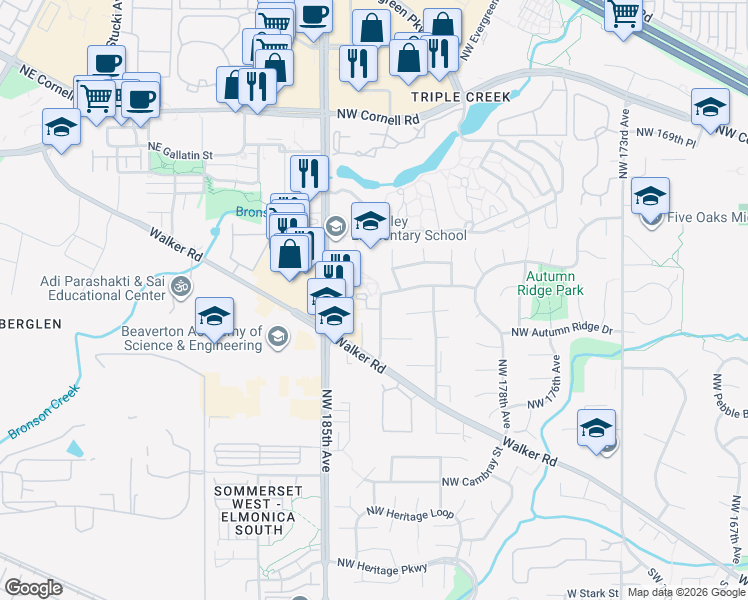 map of restaurants, bars, coffee shops, grocery stores, and more near 1160 Northwest 183rd Avenue in Beaverton