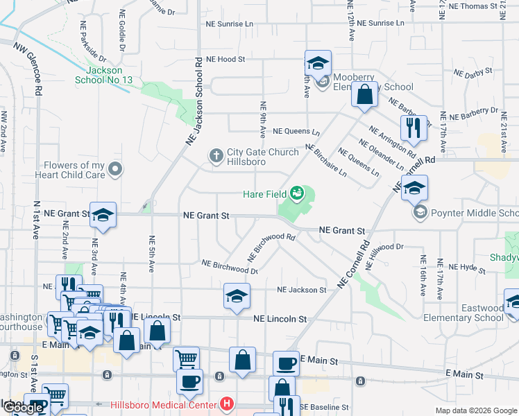 map of restaurants, bars, coffee shops, grocery stores, and more near 564 Northeast Birchwood Lane in Hillsboro